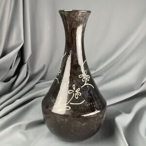 Handmade Studio Pottery Vase Black White Floral JB Initials 8.25x4.25